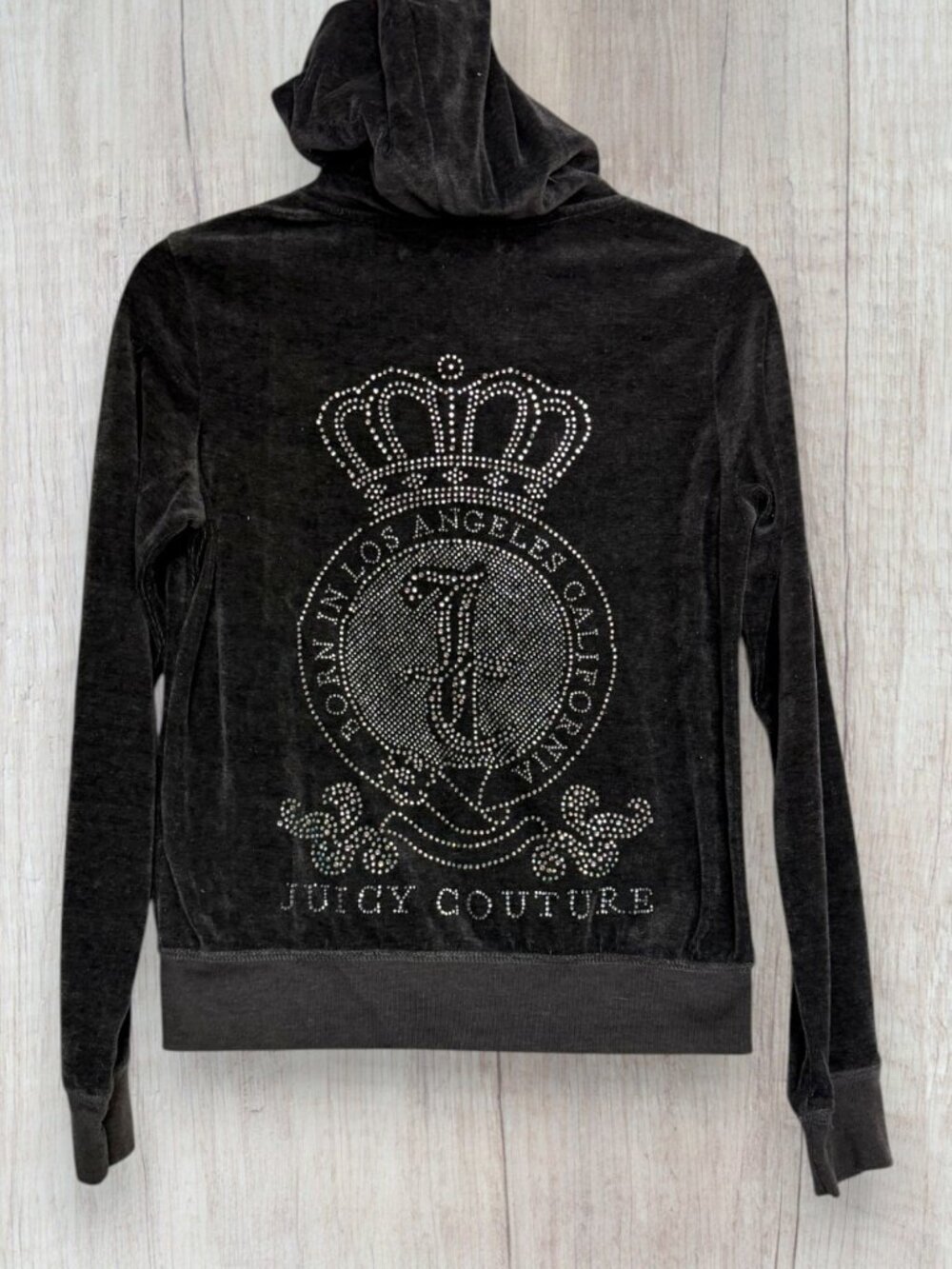 Juicy Couture Black Gray Velour Rhinestone Crest Zip Hoodie Y2K Size L